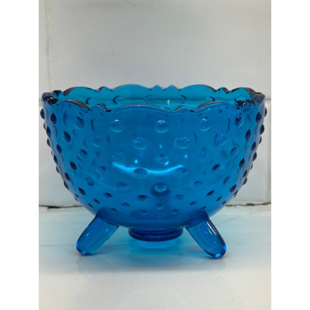 Antique Blue Hobnail Scalloped Footed Bowl